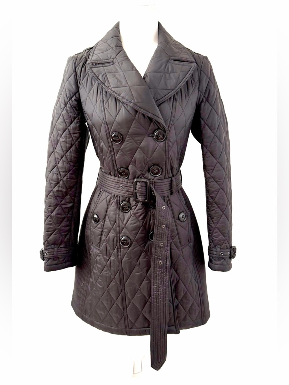 BURBERRY | Black‎ Quilted Double Breasted Trench Coat Belted Jacket Check Small - Picture 2 of 12